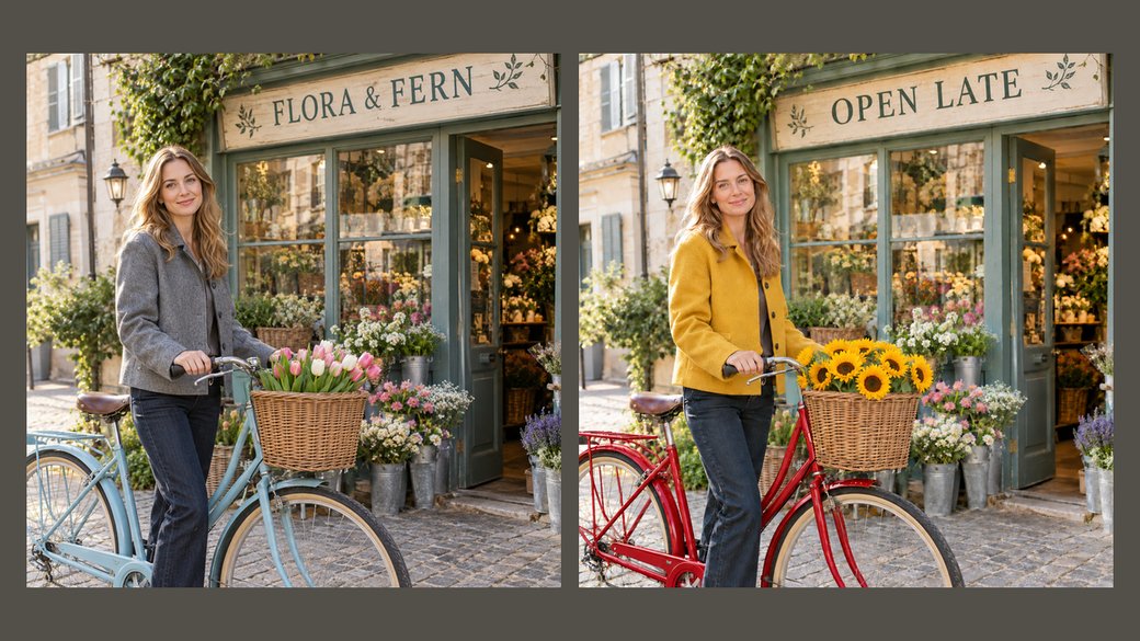 The same flower-shop photo before and after four edits: jacket, bicycle, flowers and sign