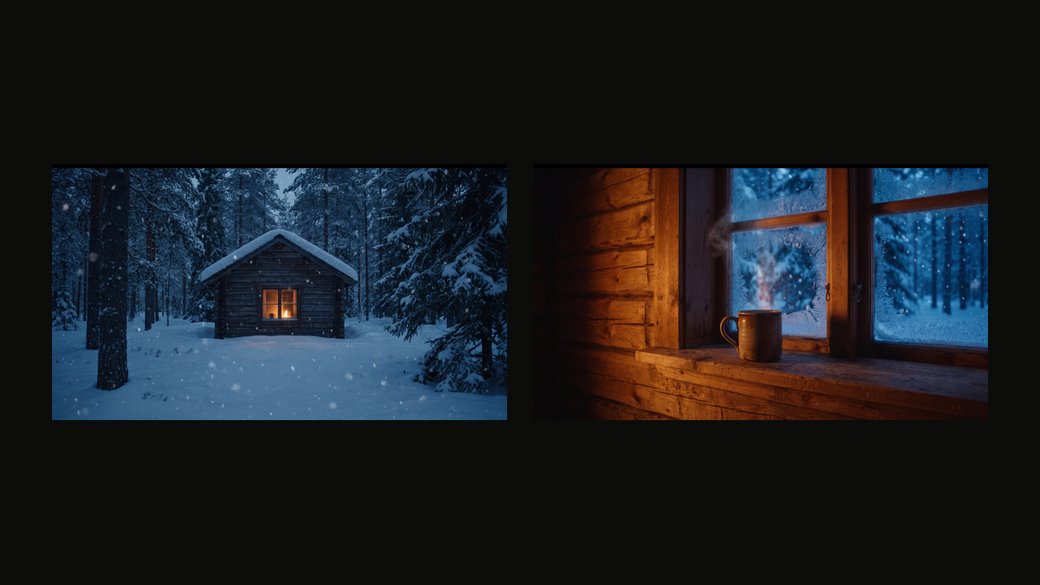 A snowy cabin at night beside the view from its window: the first and last frames of one shot