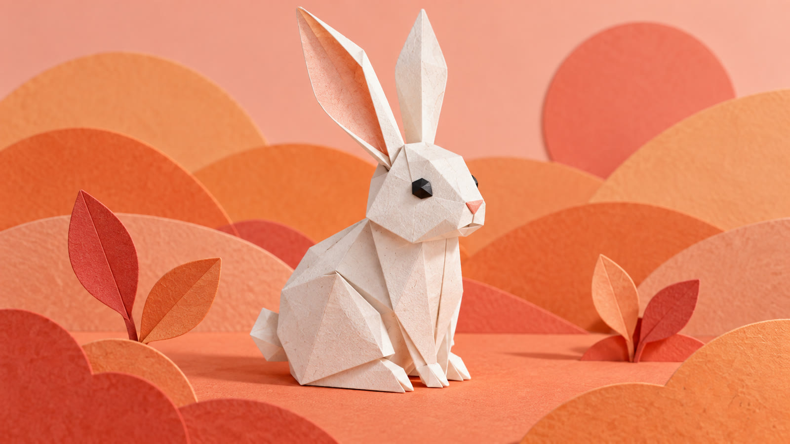 Folded-paper rabbit in an apricot miniature garden
