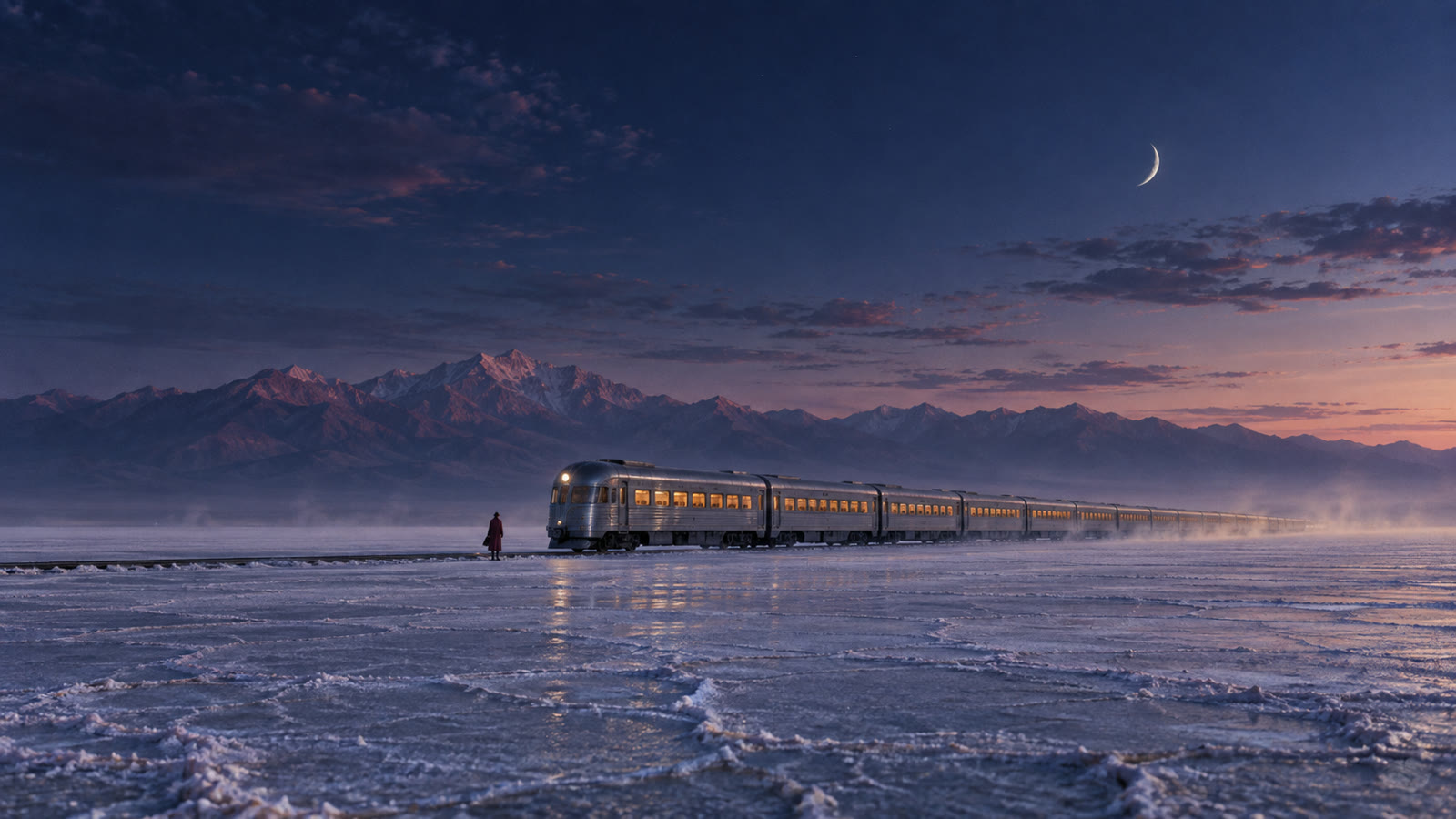 A silver night train and a lone traveler on a moonlit salt flat